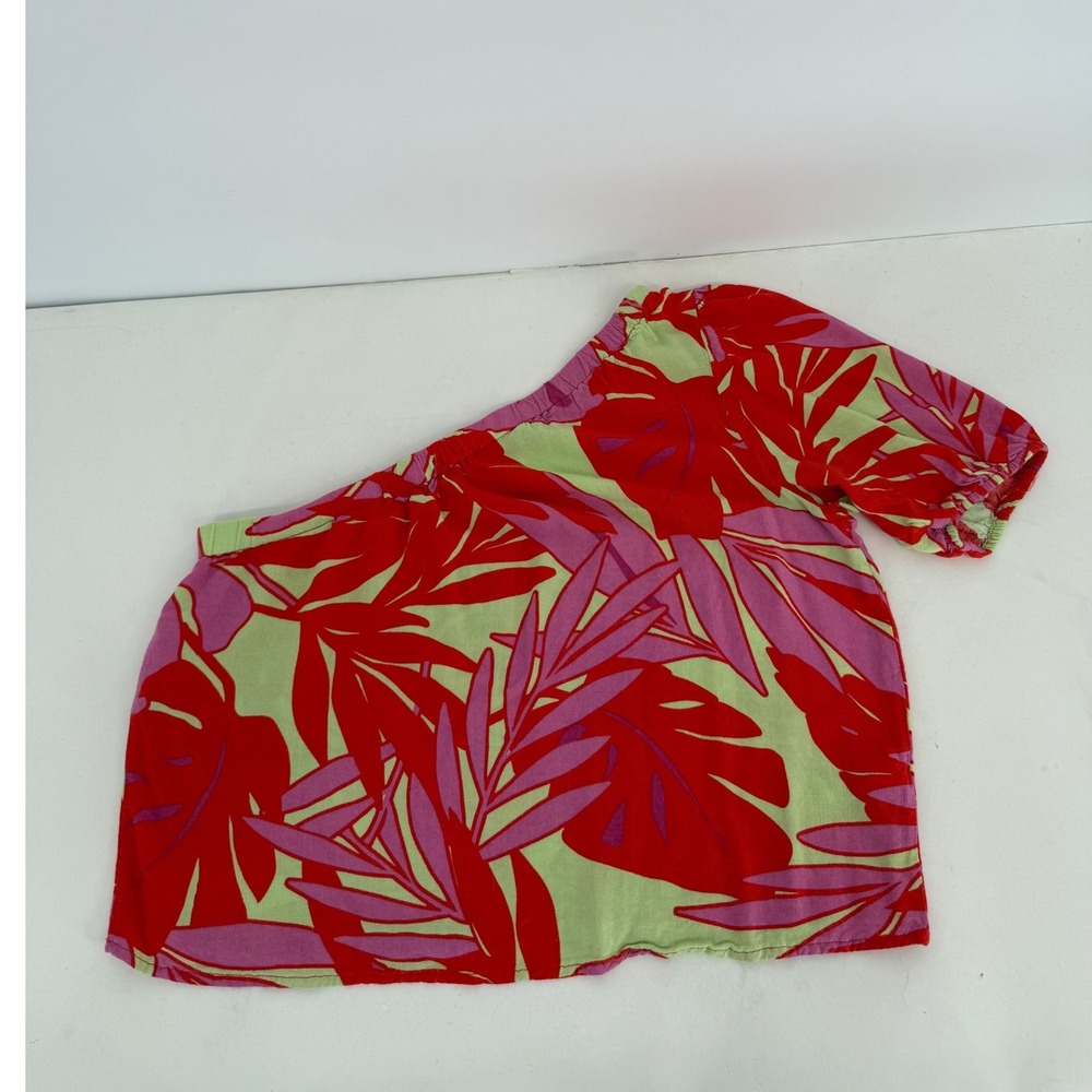 Sanctuary Rayon Womens Red Pink Tropical Monstera‎ One Shoulder Top Sz M